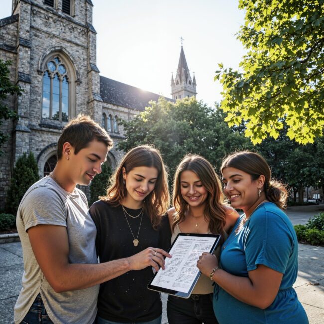 Church members engaging with a digital directory related to Why Every Church Needs a Directory: The Foundation of Church Directory Connected Communities in an outdoor setting
