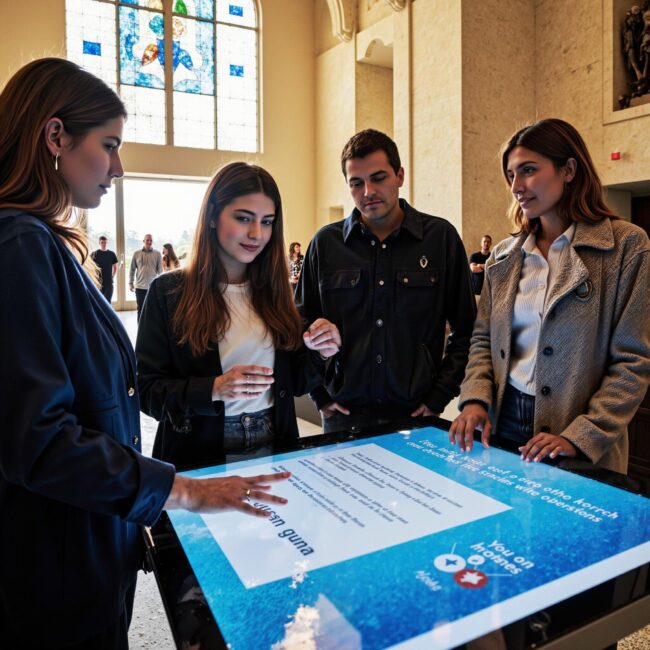 Church members engaging with a digital directory related to How to Maximize Your Church Directory for Seamless Communication in an indoor setting