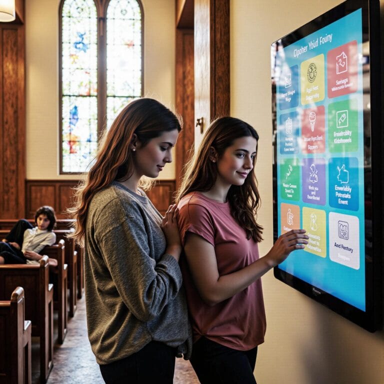 Church members engaging with a digital directory related to First-Time Visitor to Active Member: How Church Directories Accelerate Integration in an indoor setting