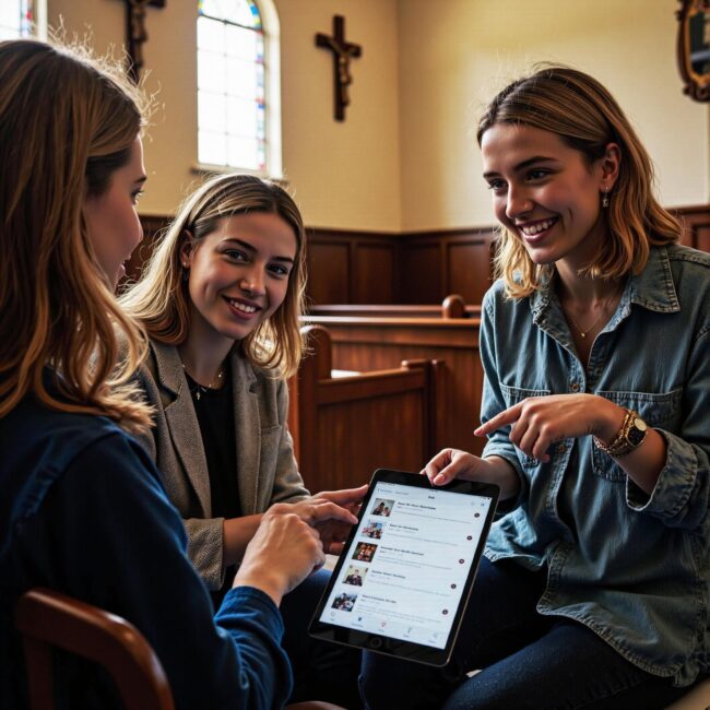 Church members engaging with a digital directory related to The Evolution of Connection: How Church Directories Have Transformed Ministry in an indoor setting