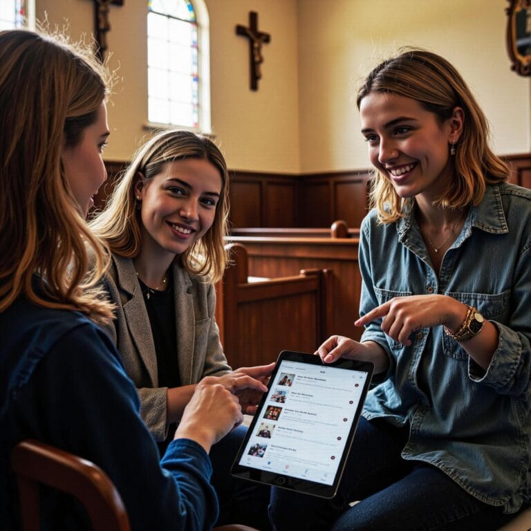 Church members engaging with a digital directory related to The Evolution of Connection: How Church Directories Have Transformed Ministry in an indoor setting