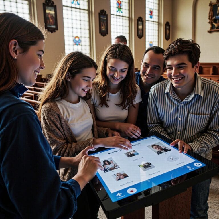 Church members engaging with a digital directory related to Crowdsourcing Your Church Directory: Getting Members Excited About Participation in an indoor setting