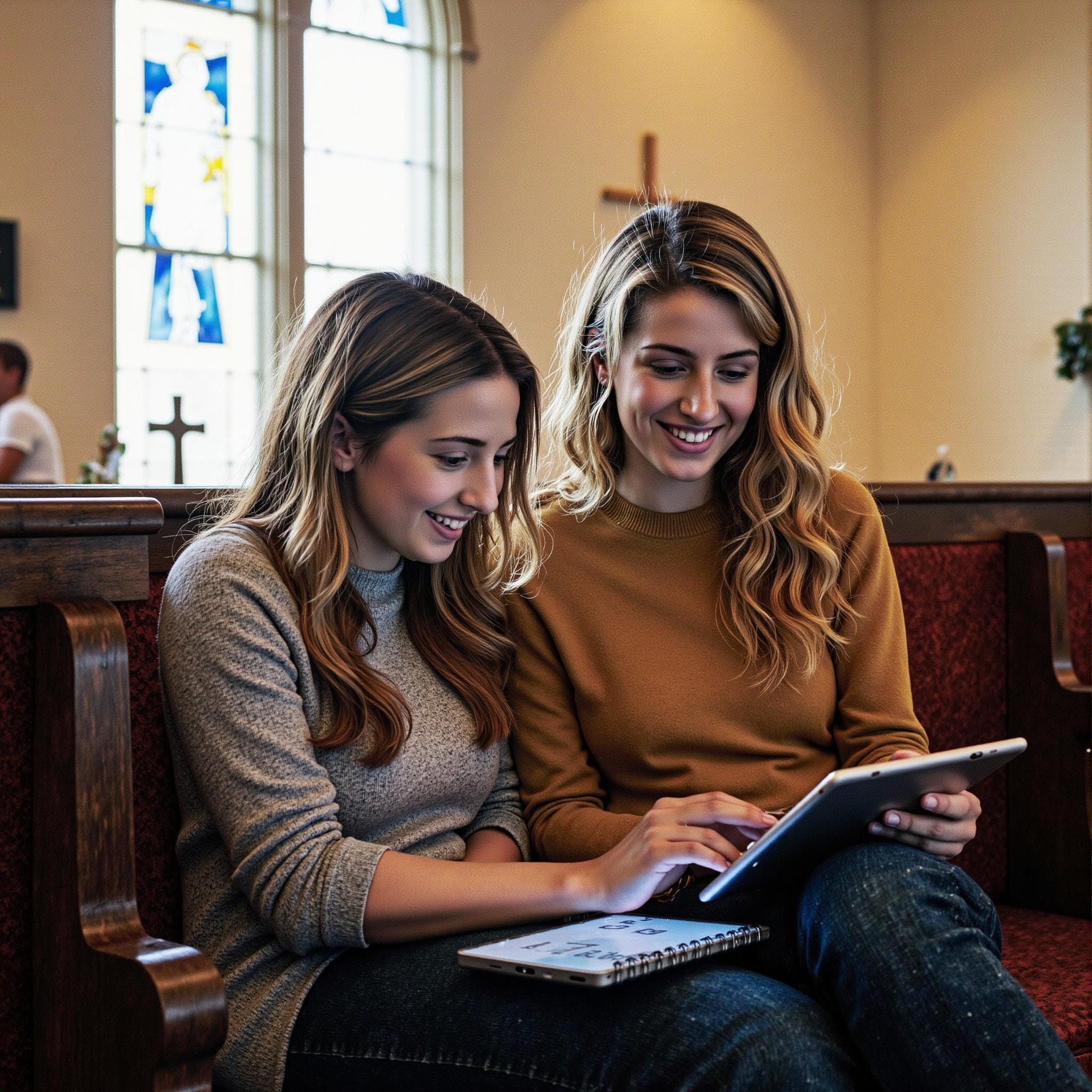 Church members engaging with a digital directory related to Measuring Impact: How Church Directories Directly Increase Member Engagement in an indoor setting