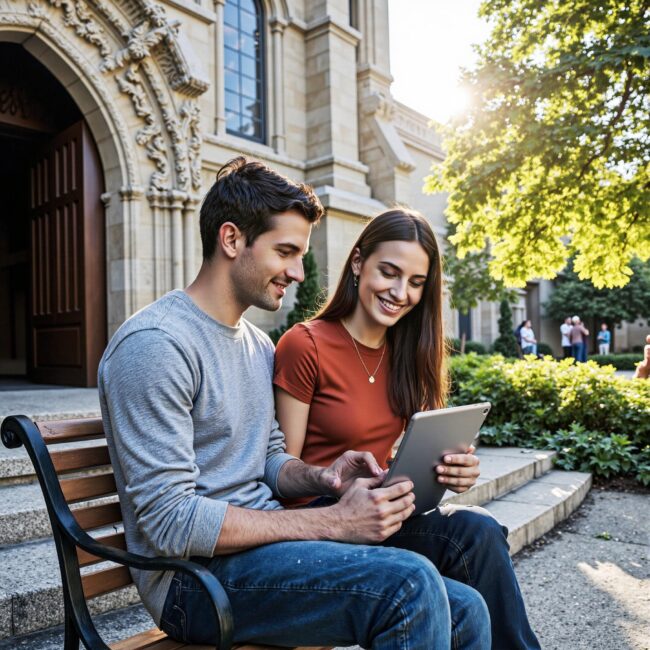 BLOG_000000037 Church members engaging with a digital directory related to Graceful Transitions: Managing Member Departures in Your Church Directory in an outdoor setting