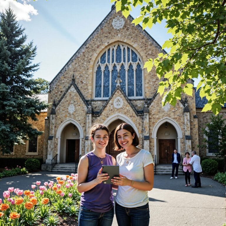 Church members engaging with a digital directory related to The Pastoral Care Goldmine: How Church Directories Enhance Member Support Systems in an outdoor setting