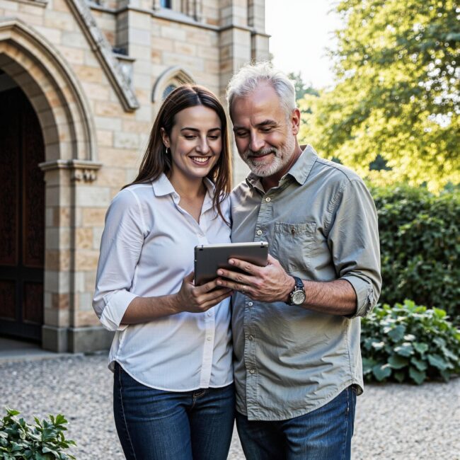 Church members engaging with a digital directory related to Finding the Sweet Spot Between Accessibility and Security in Online Church Directories in an outdoor setting
