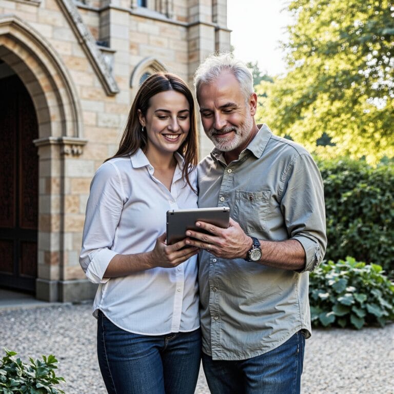 Church members engaging with a digital directory related to Finding the Sweet Spot Between Accessibility and Security in Online Church Directories in an outdoor setting