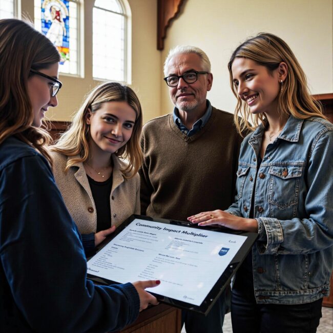 Church members engaging with a digital directory related to Community Impact Multiplier: How Accurate Church Directories Enhance Outreach Success in an indoor setting