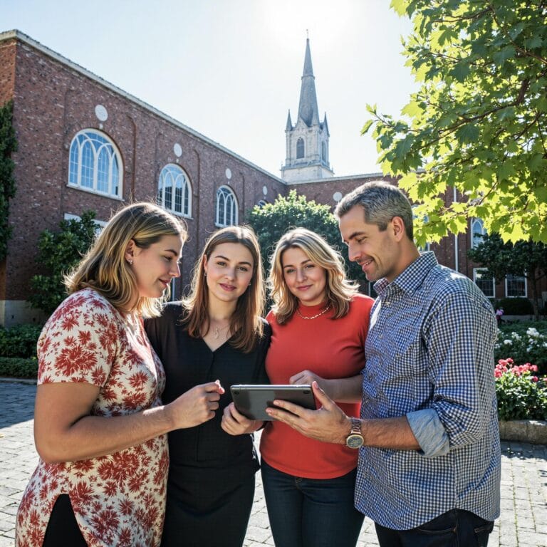Church members engaging with a digital directory related to Strengthening Small Groups: Strategic Church Directory Applications for Group Leaders in an outdoor setting