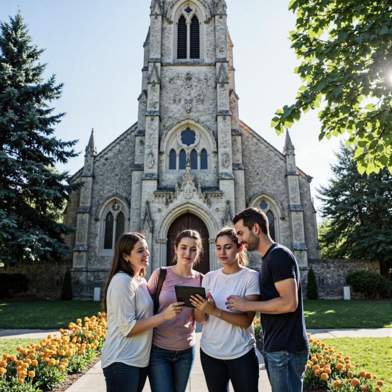 Church members engaging with a digital directory related to The Ultimate Guide to Maintaining Accurate Church Directory Information in an outdoor setting