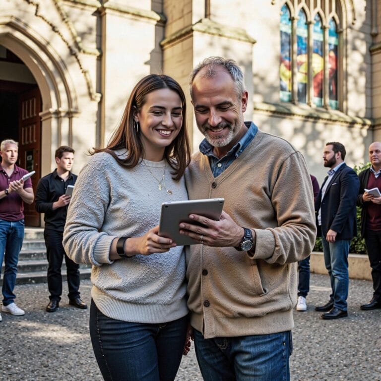 Church members engaging with a digital directory related to Crisis-Ready Churches: How Church Directories Become Lifelines During Emergencies in an outdoor setting