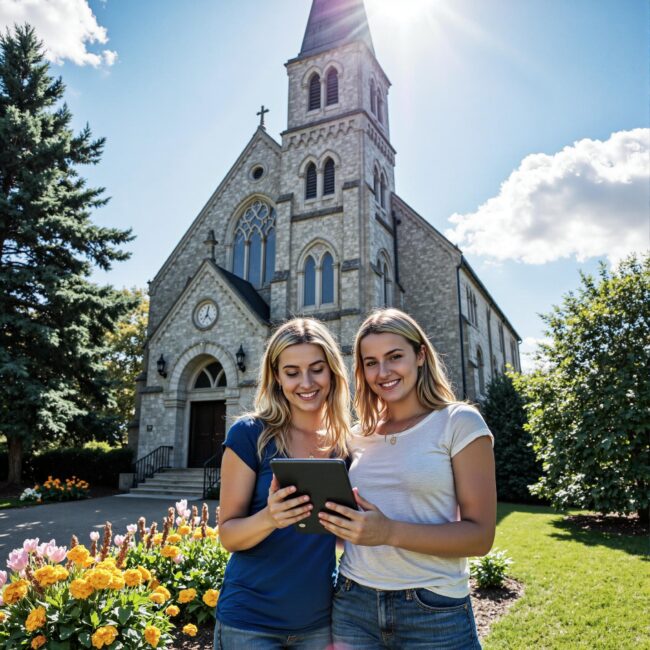 Church members engaging with a digital directory related to Beyond Contact Info: The Future of Church Directories in a Connected World in an outdoor setting