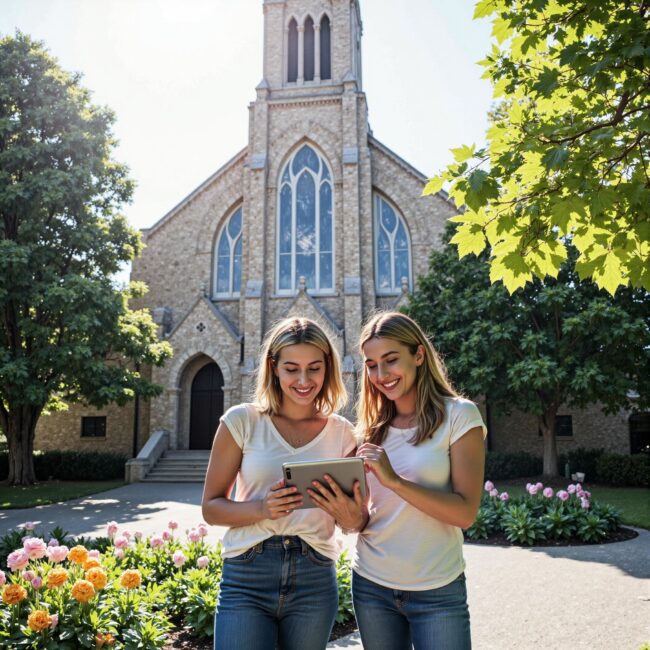 Church members engaging with a digital directory related to Privacy vs. Connection: Achieving the Perfect Balance in Church Directories in an outdoor setting