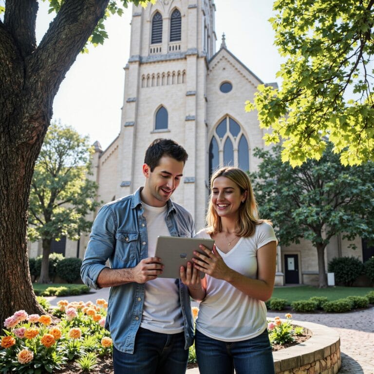 Church members engaging with a digital directory related to The Pastoral Advantage: Church Directory Strategies for Enhanced Member Care in an outdoor setting