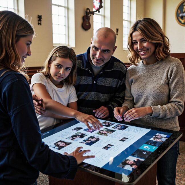 Church members engaging with a digital directory related to Multimedia Revolution: Taking Your Church Directory Beyond Basic Text in an indoor setting