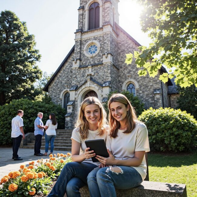 Church members engaging with a digital directory related to The Assimilation Secret: How Church Directories Speed Up New Member Integration in an outdoor setting