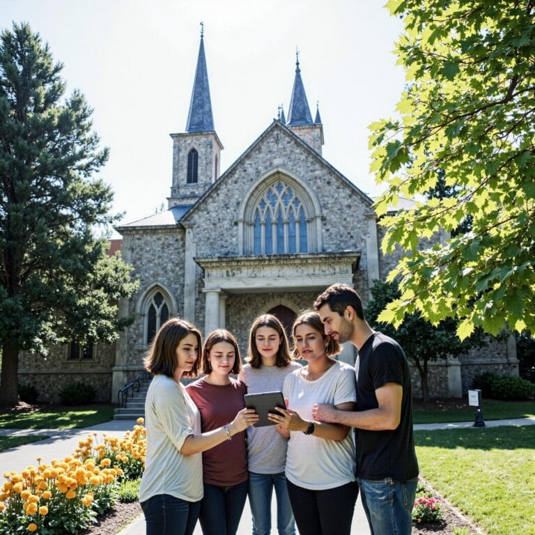 Church members engaging with a digital directory related to Evergreen Church Directory: Maintenance Strategies That Withstand Leadership Changes in an outdoor setting