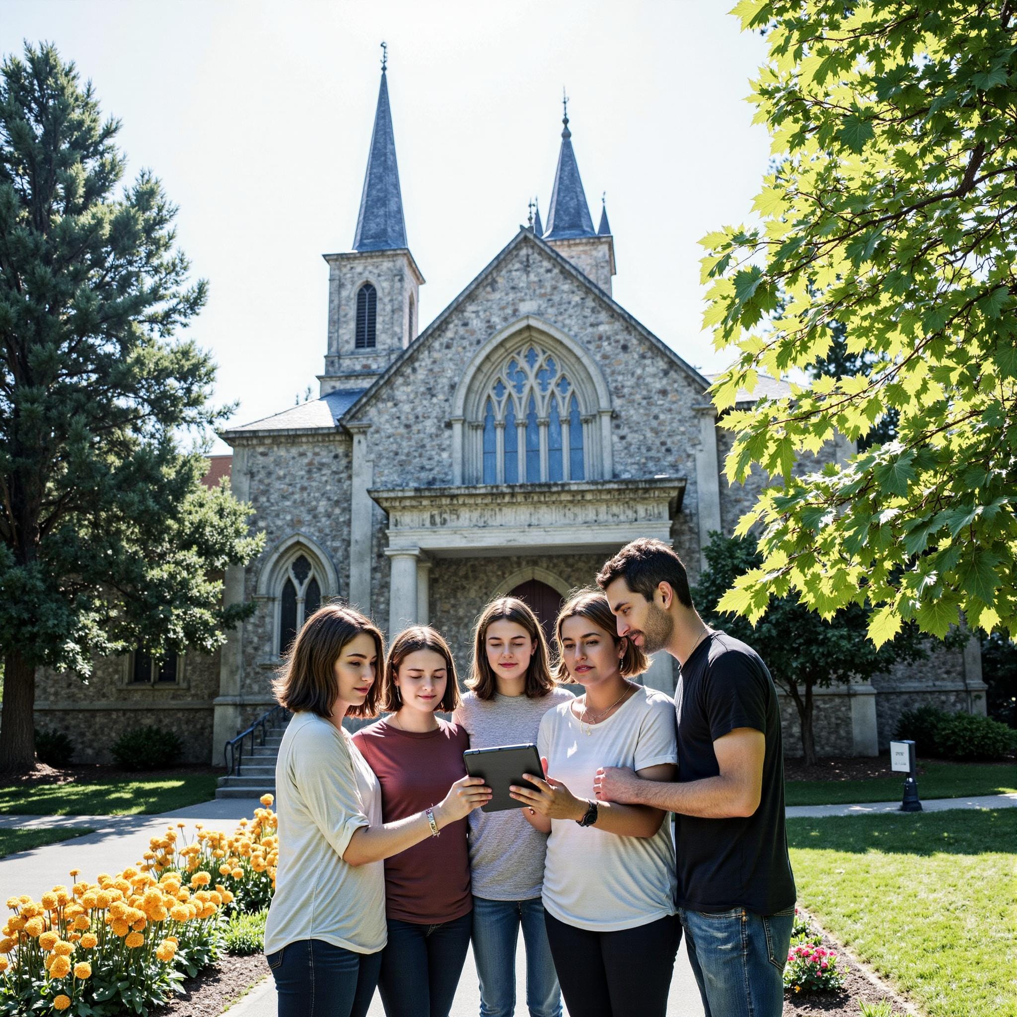 BLOG_000000084 Church members engaging with a digital directory related to Evergreen Church Directory: Maintenance Strategies That Withstand Leadership Changes in an outdoor setting