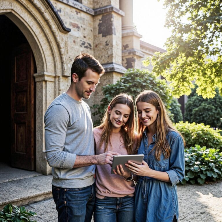 Church members engaging with a digital directory related to When Crisis Strikes: Church Directory-Based Communication Strategies That Work in an outdoor setting