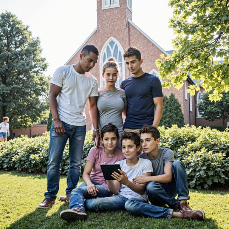 Church members engaging with a digital directory related to Youth Connection: Making Church Directories Relevant for Next-Generation Members in an outdoor setting