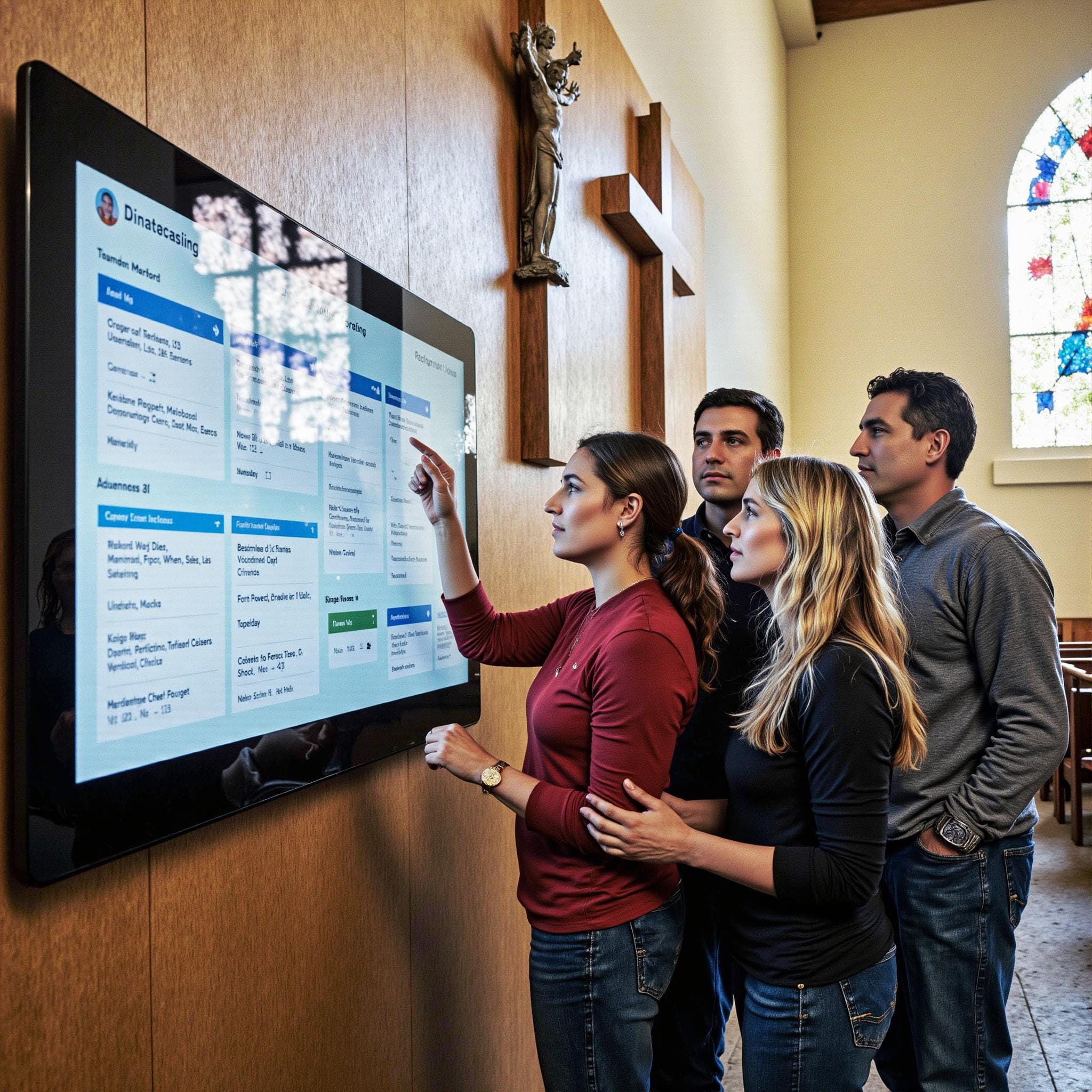 Church members engaging with a digital directory related to Strategic Event Management: Church Directory-Powered Planning That Saves Time in an indoor setting