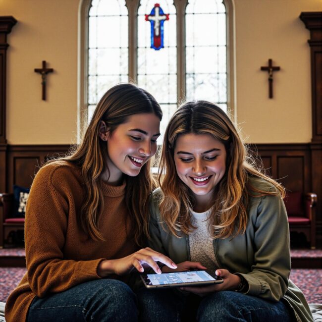 Church members engaging with a digital directory related to Volunteer Coordination Reimagined: Using Church Directories to Mobilize Ministry Teams in an indoor setting
