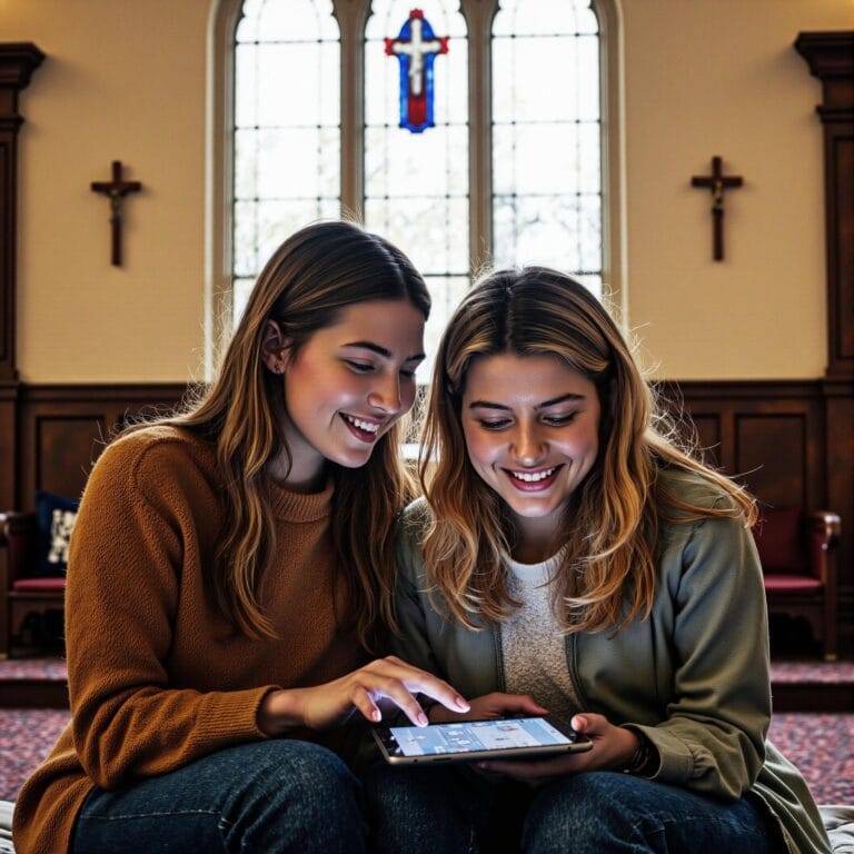 Church members engaging with a digital directory related to Volunteer Coordination Reimagined: Using Church Directories to Mobilize Ministry Teams in an indoor setting