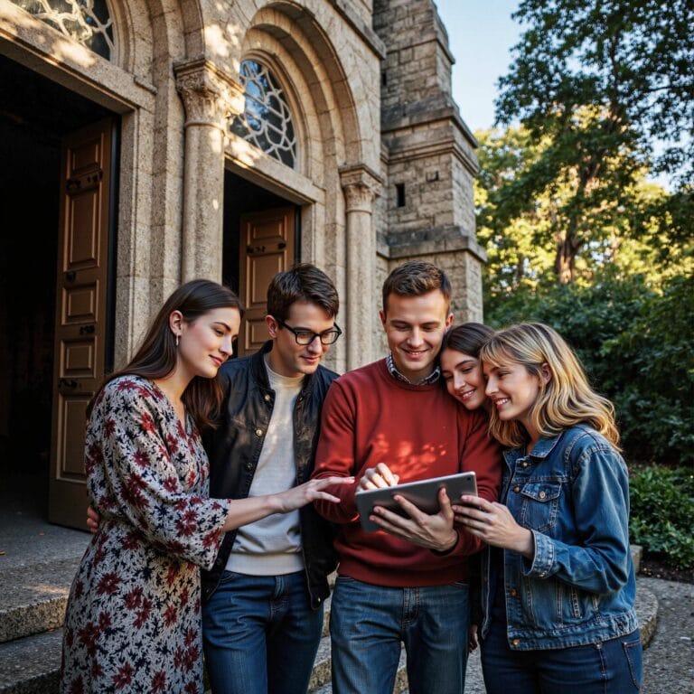 Church members engaging with a digital directory related to Bulletproof Privacy: Advanced Security Practices for Church Directories in an outdoor setting