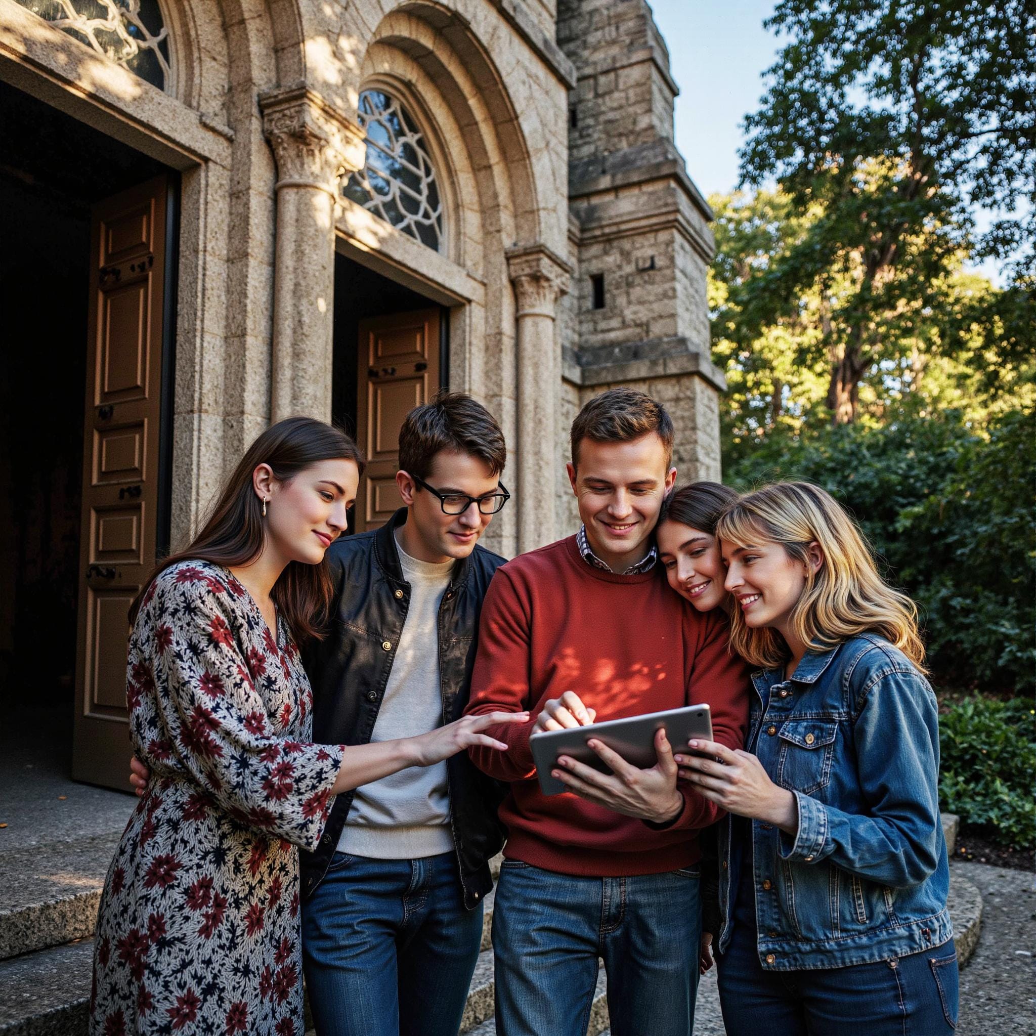 Church members engaging with a digital directory related to Bulletproof Privacy: Advanced Security Practices for Church Directories in an outdoor setting