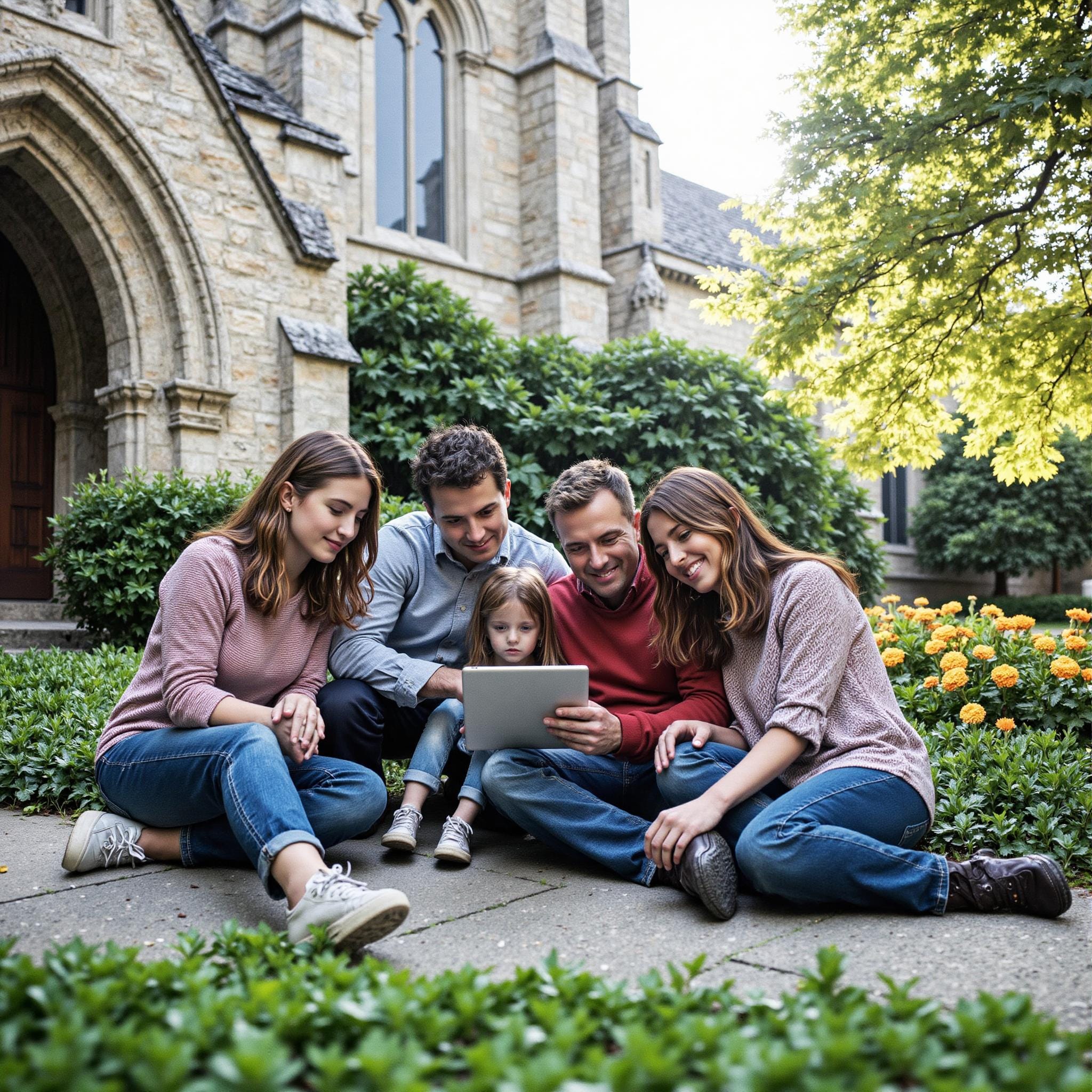 Church members engaging with a digital directory related to Member-Driven Church Directories: Creating Self-Sustaining Information Systems in an outdoor setting