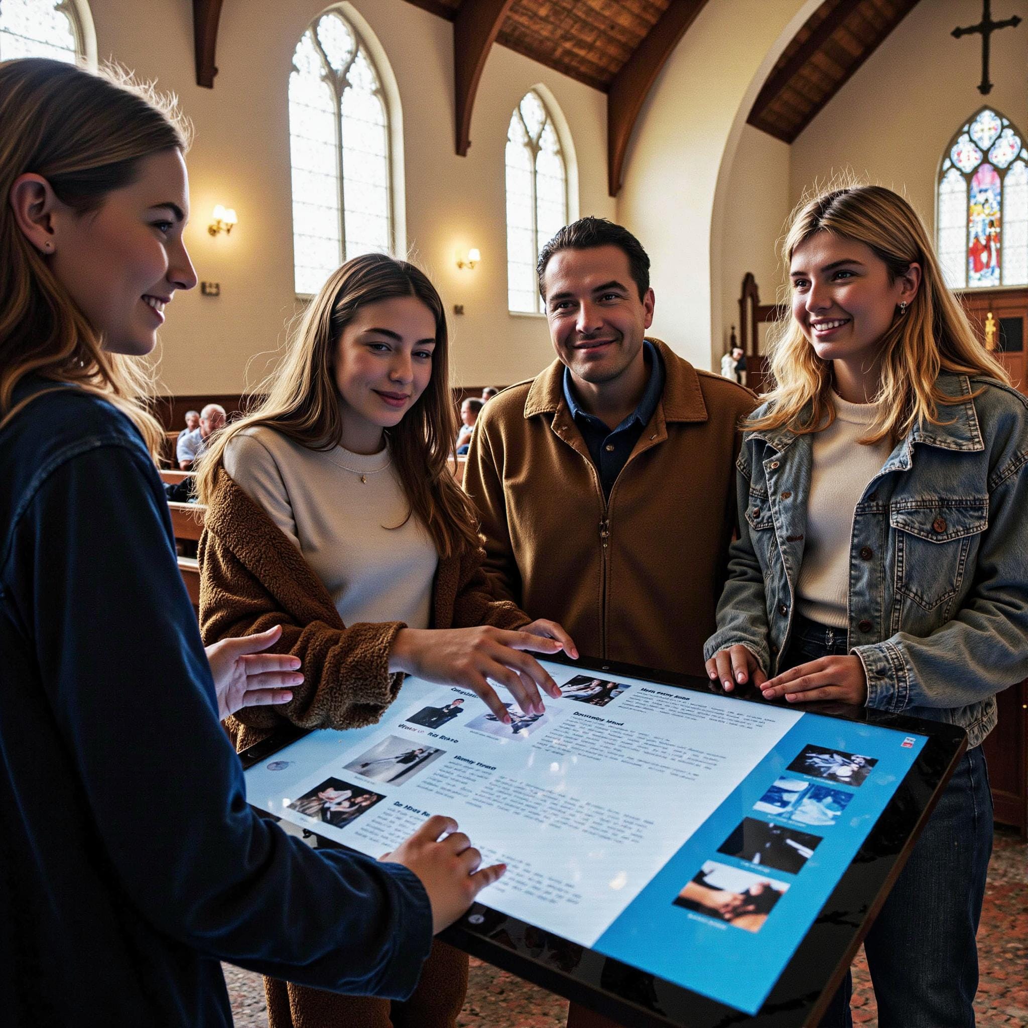 BLOG_000000098 Church members engaging with a digital directory related to Small Group Catalyst: How Church Directories Spark Authentic Community Connections in an indoor setting