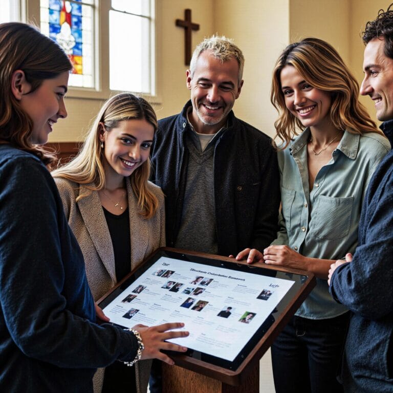 Church members engaging with a digital directory related to Milestone Celebration Framework: Using Church Directories to Honor Member Journeys in an indoor setting
