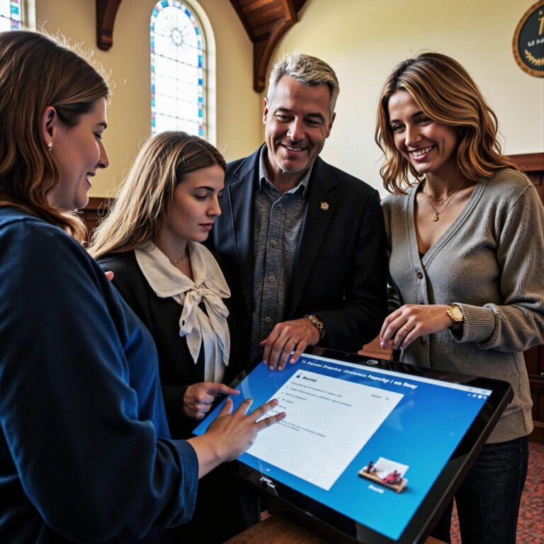 Church members engaging with a digital directory related to Prayer Network Amplifier: Integrating Prayer Ministries with Your Church Directory in an indoor setting
