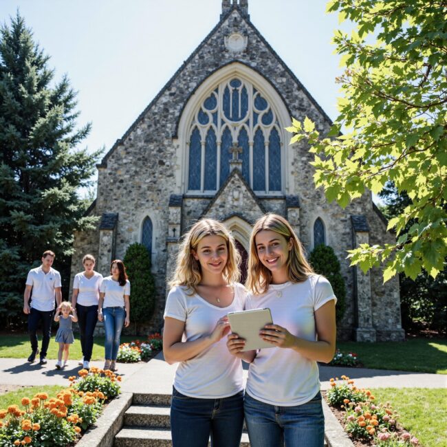 Church members engaging with a digital directory related to Technology for Everyone: Making Your Church Directory Accessible to All Ages in an outdoor setting