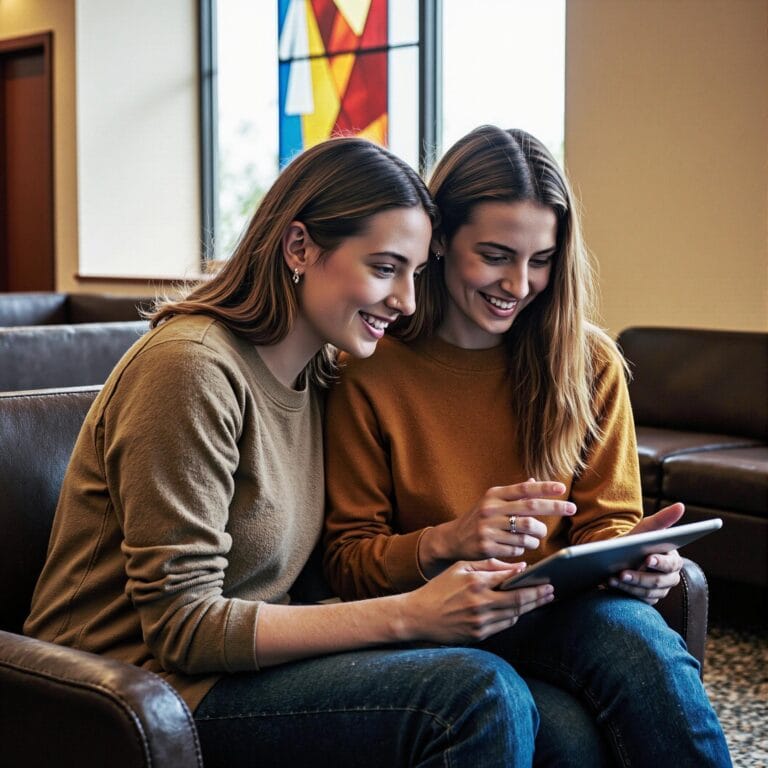 Church members engaging with a digital directory related to Church Directory Innovation Horizon: What's Coming Next in Church Connection Tools in an indoor setting