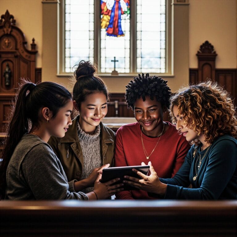 Church members engaging with a digital directory related to Diversity in Digital Spaces: Creating Inclusive Church Directories for Every Member in an indoor setting