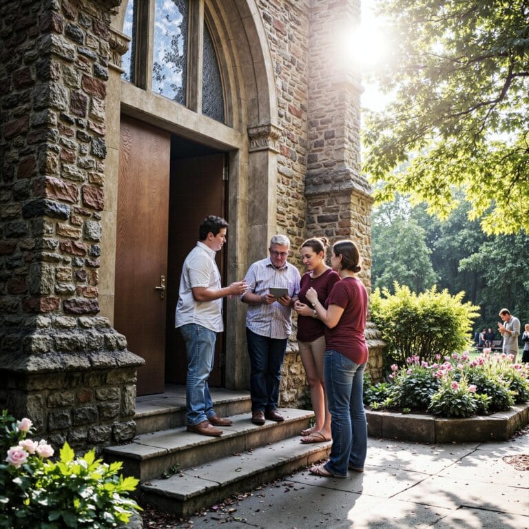 Church members engaging with a digital directory related to Member Care Enhancement: Church Directory Strategies for Pastoral Support Teams in an outdoor setting