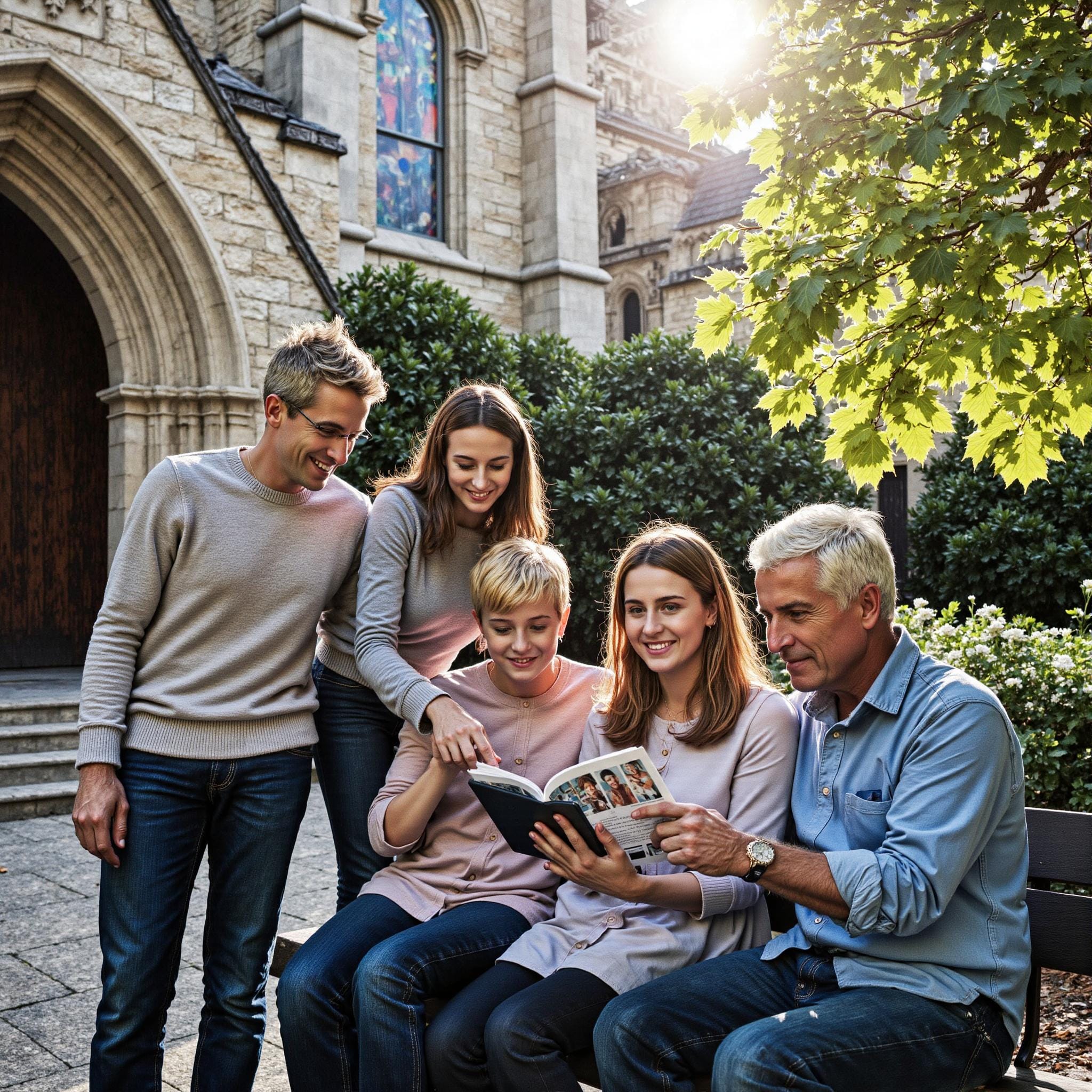 Church members engaging with a digital directory related to Celebrating Your People: Using Church Directories to Highlight Member Achievements in an outdoor setting