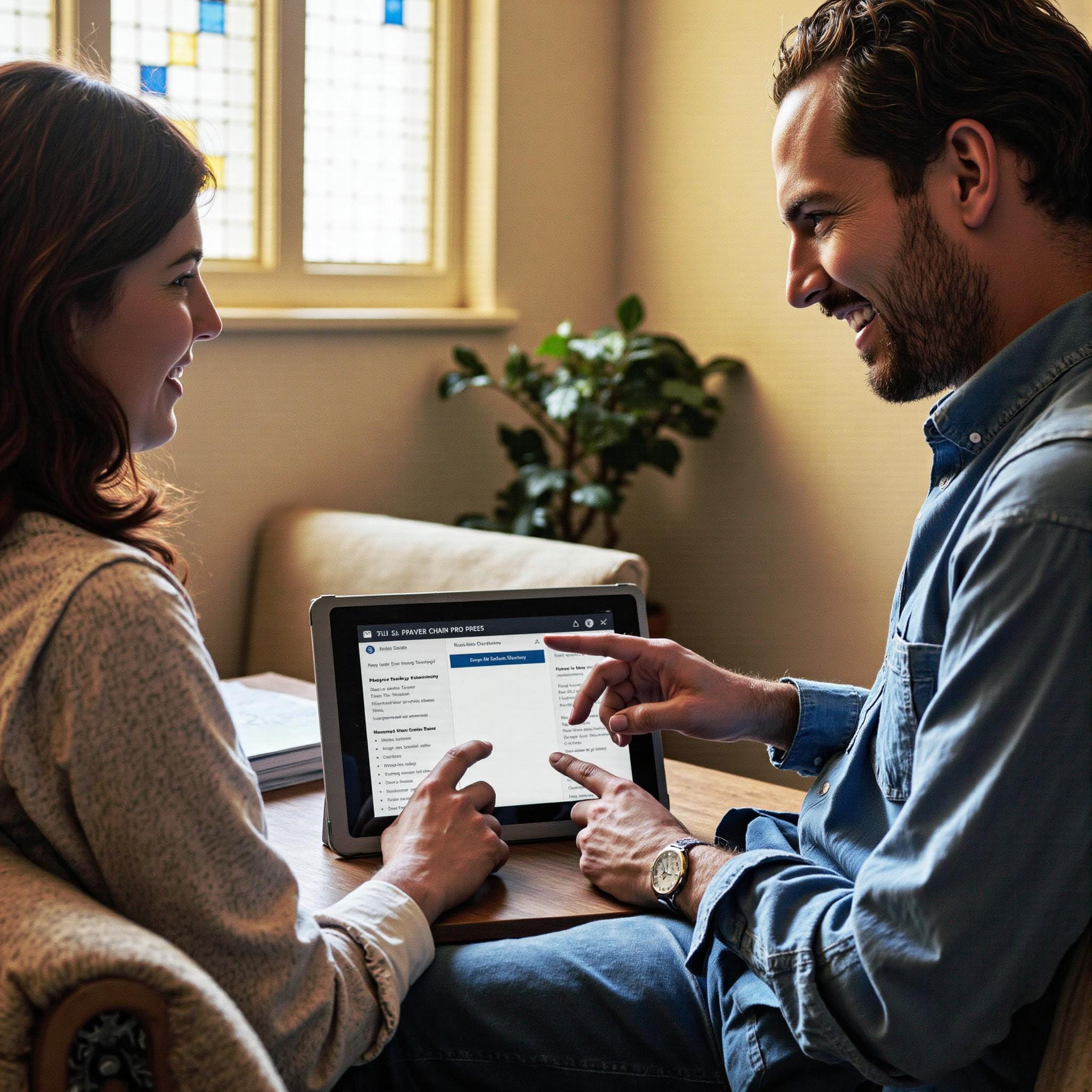 Church members engaging with a digital directory related to Prayer Chain Efficiency: Church Directory-Based Systems That Transform Prayer Ministry in an indoor setting