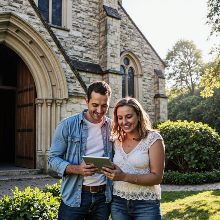 Church members engaging with a digital directory related to Photo Refresh Strategy: The Scientific Case for Updated Church Directory Images in an outdoor setting