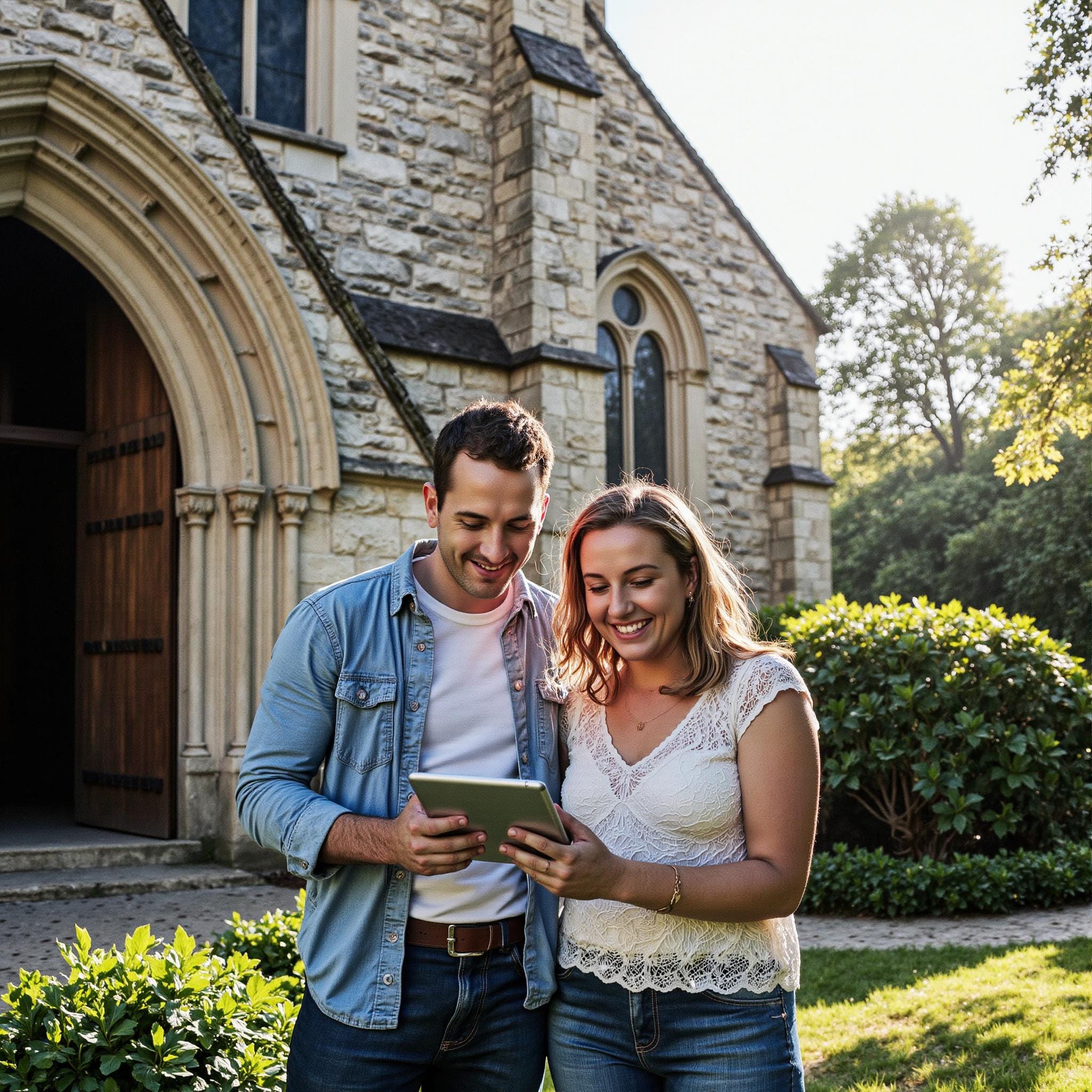 Church members engaging with a digital directory related to Photo Refresh Strategy: The Scientific Case for Updated Church Directory Images in an outdoor setting