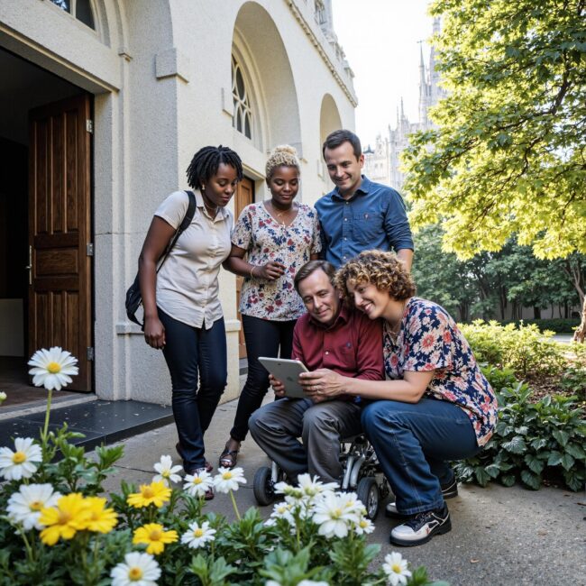 Church members engaging with a digital directory related to Inclusive Church Directory Development: Representing Your Diverse Congregation in an outdoor setting