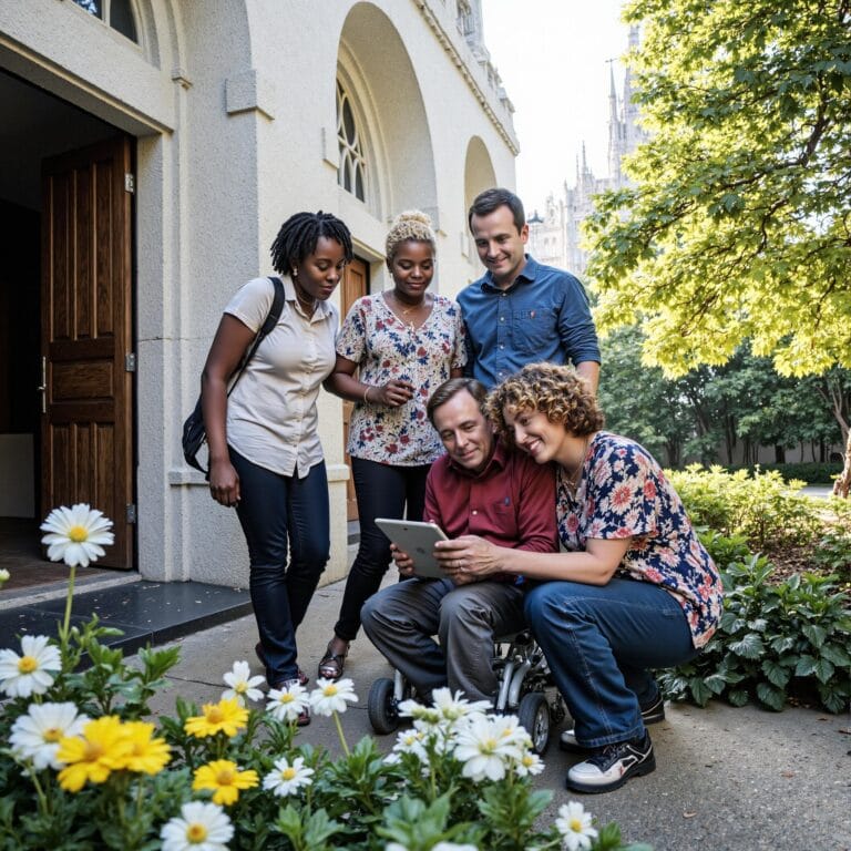 Church members engaging with a digital directory related to Inclusive Church Directory Development: Representing Your Diverse Congregation in an outdoor setting