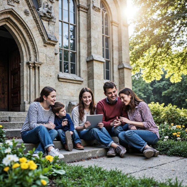 Church members engaging with a digital directory related to Shared Interests Discovery: How Church Directories Reveal Hidden Community Connections in an outdoor setting