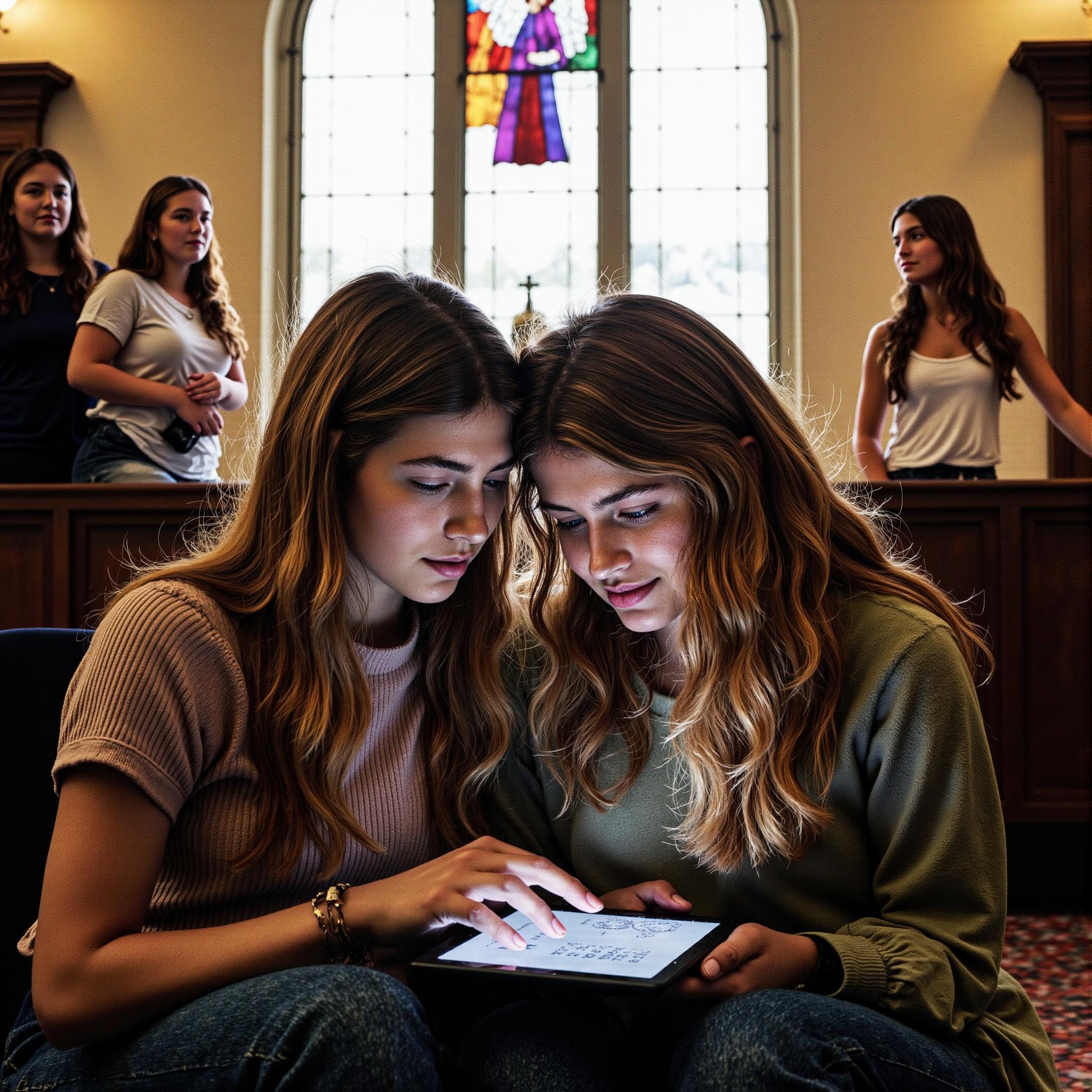 Church members engaging with a digital directory related to Retention Analytics: How Church Directories Impact Long-Term Member Commitment in an indoor setting