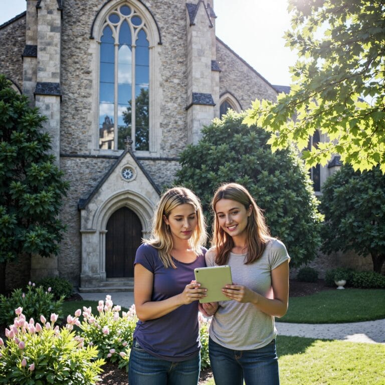 Church members engaging with a digital directory related to Policy Communication Made Simple: Using Your Church Directory as an Information Hub in an outdoor setting