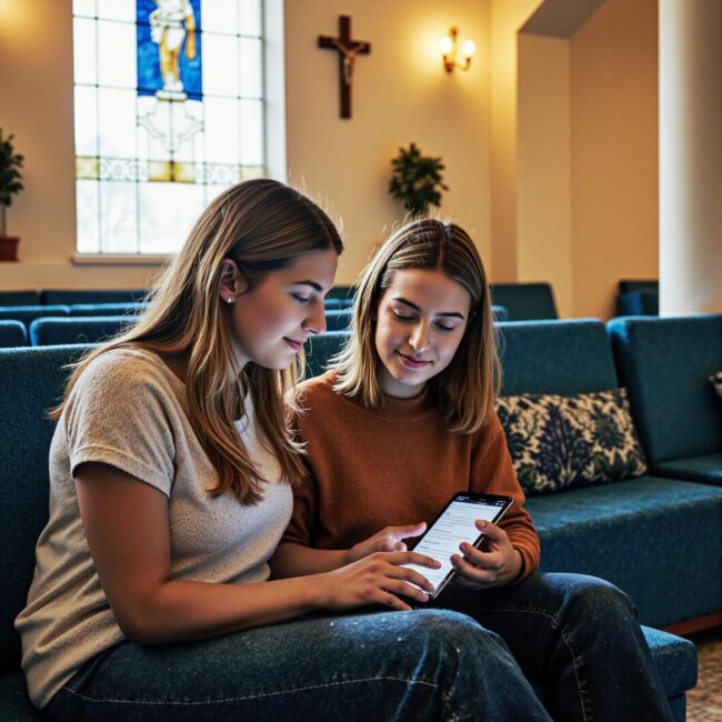 Church members engaging with a digital directory related to Leadership Profiles That Connect: Staff Bio Strategies for Deeper Church Directory Relationships in an indoor setting