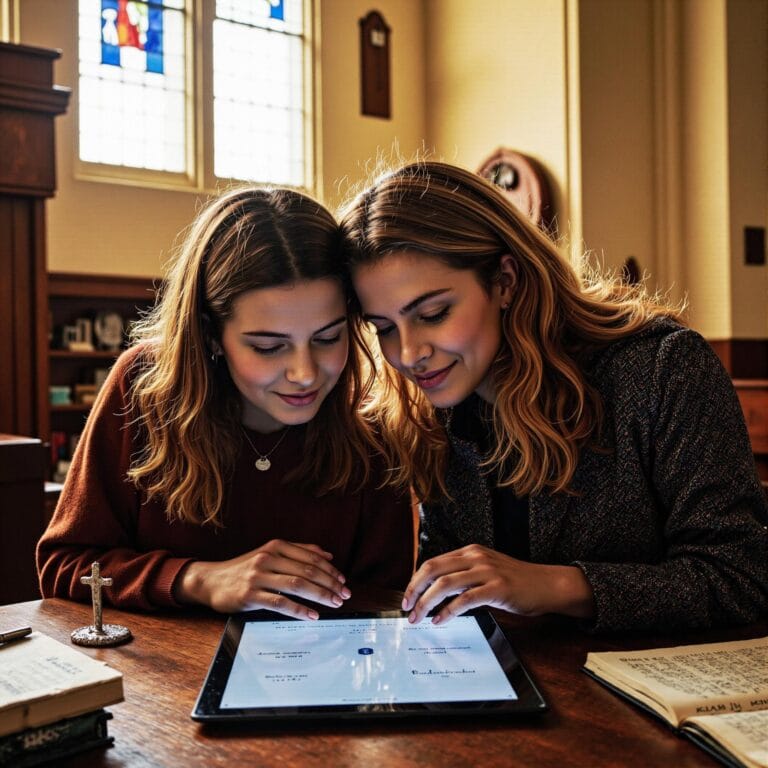 Church members engaging with a digital directory related to Educational Resource Distribution: Church Directories as Learning Platforms in an indoor setting
