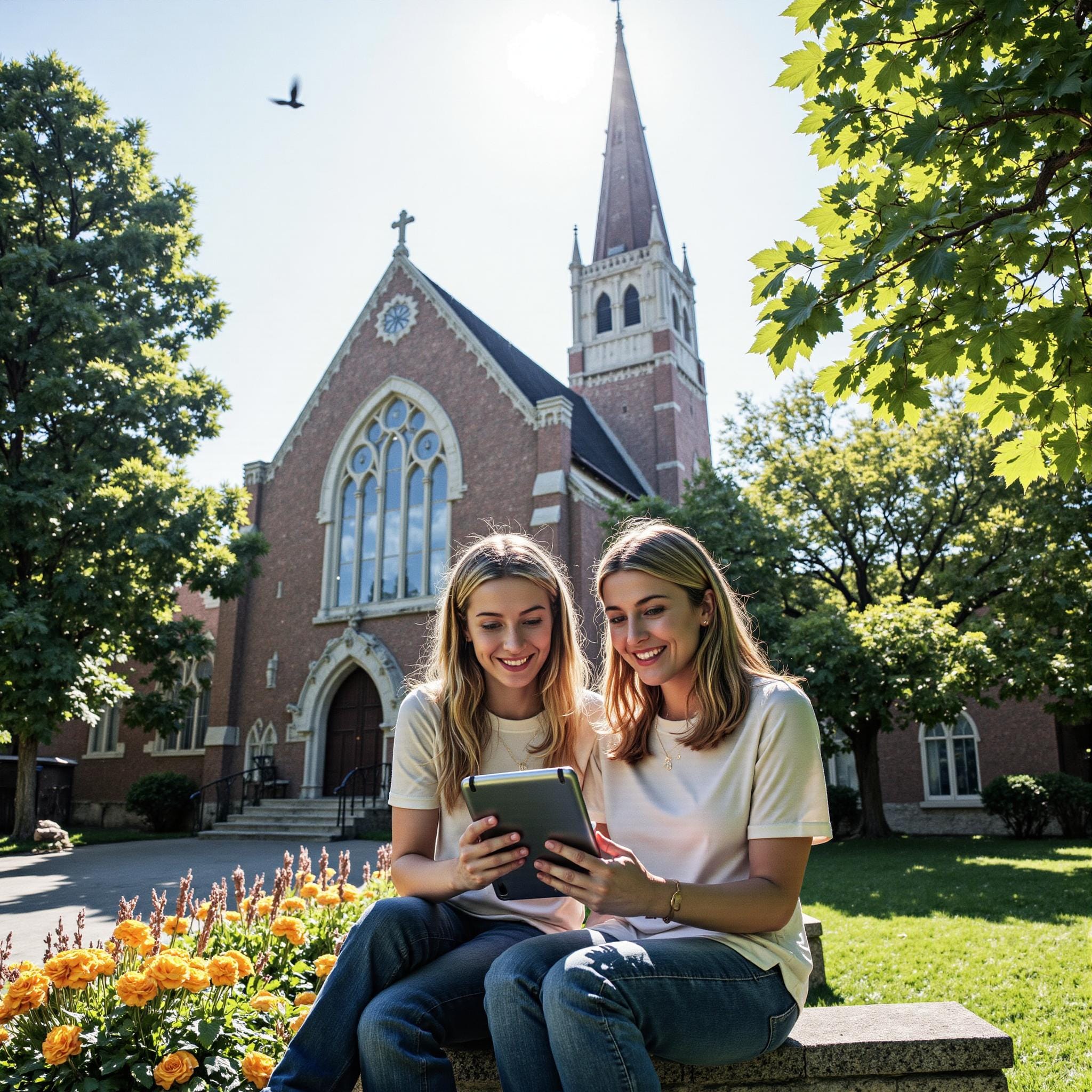 Church members engaging with a digital directory related to Testimony Collection Framework: Gathering Stories Through Your Church Directory in an outdoor setting