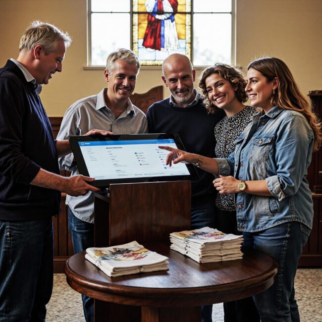 Church members engaging with a digital directory related to Community Resource Integration: Making Your Church Directory a One-Stop Hub in an indoor setting